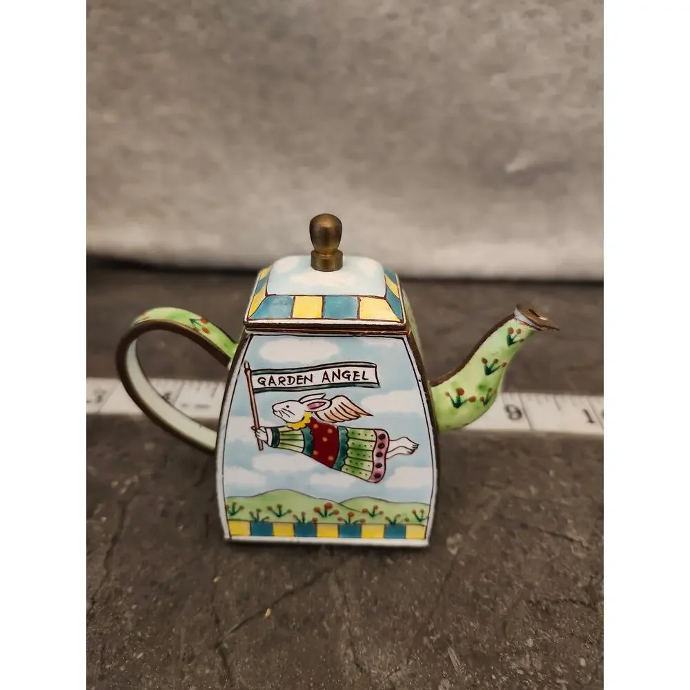 Vintage Brass Enamel‎ Miniature Teapot Trinket Garden Angel Flying Bunny